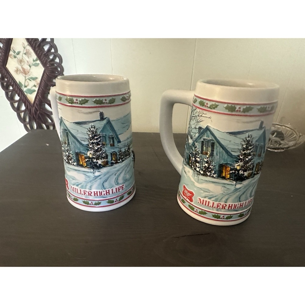 2 - Miller High Life Collector‎ Series 1985 Holiday Beer Stein/ Gift